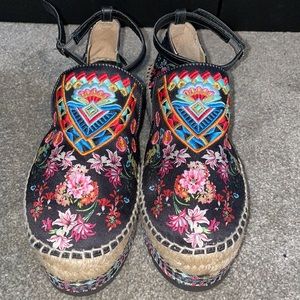Johnny Was black floral espadrilles with ankle strap